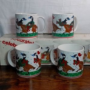 Vintage Christmas Geese Coffee Mugs.